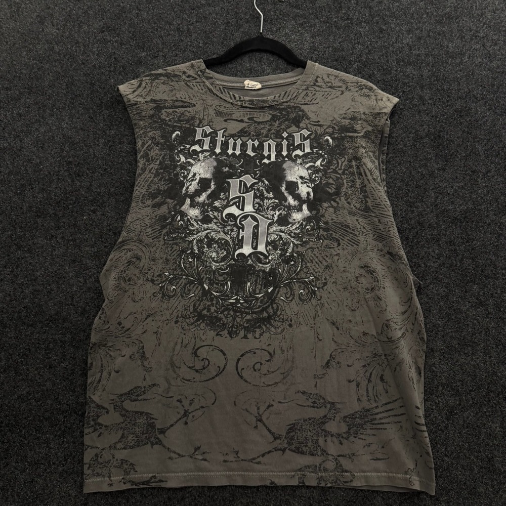 Anvil Sturgis 2010 Motorcycle Rally Muscle Tee Gray Skull Graphic Shirt Large